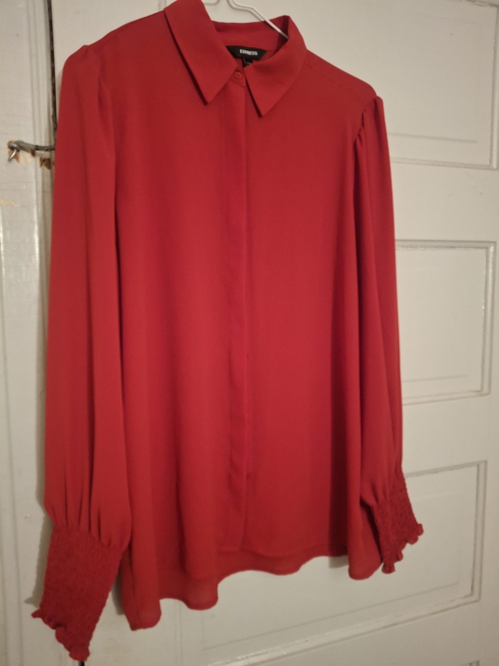 Express Women's Red Long-Sleeve Smocked Cuff Blouse